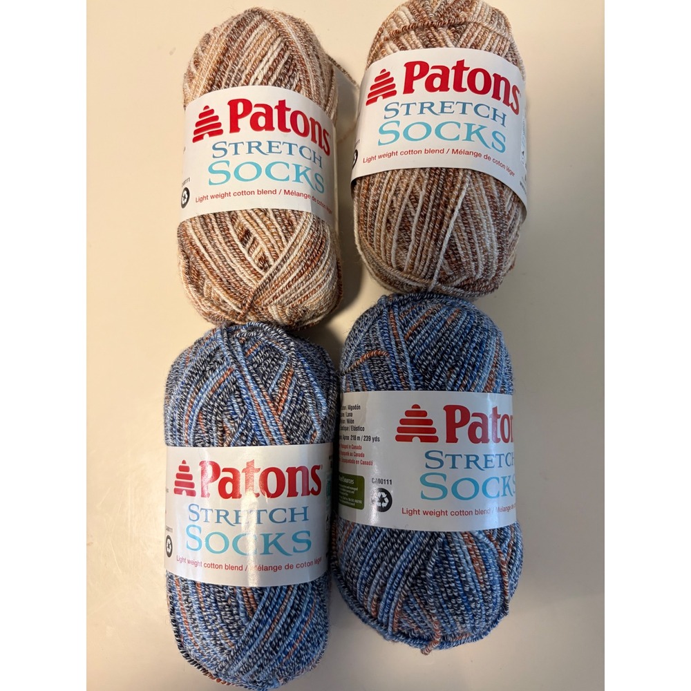 Patons Stretch Socks Yarn 4 Skeins Mineral & Bonbon Caramel Taffy Cotton Blend